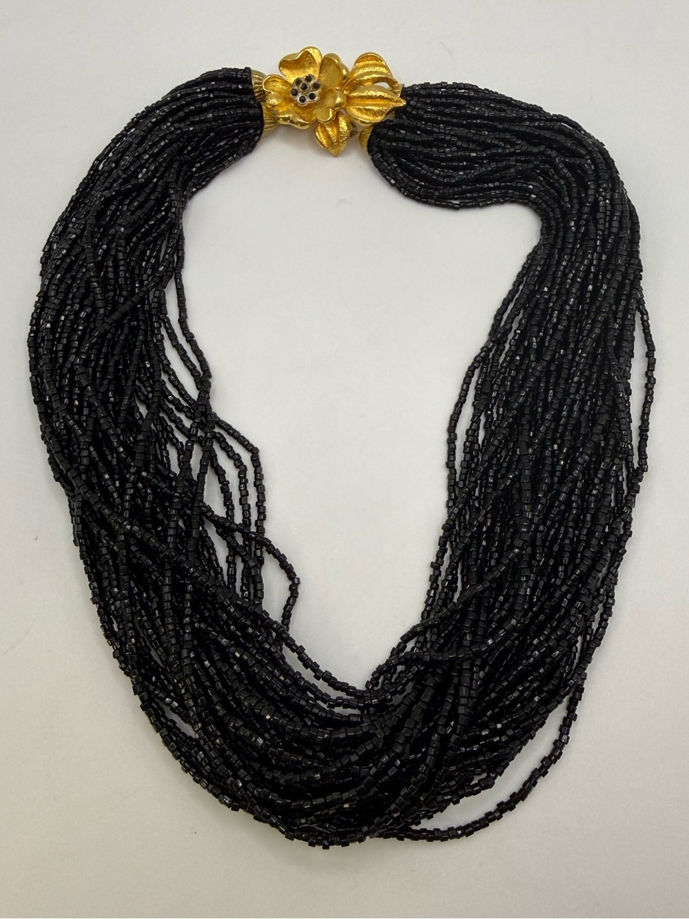 Vintage Black Multi Strand Seed Bead Necklace 15” Gold Tone Floral Clasp